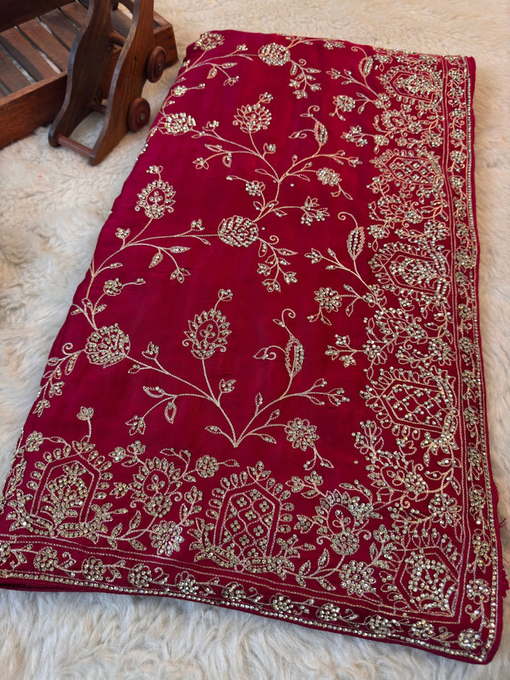 Heavy Jaal Work Fendy Silk Saree with Floral Embroidery & Designer Border