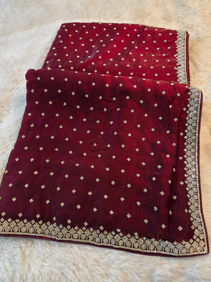 Premium Fendy Silk Saree with Swarovski Butti & Heavy Crystal Border
