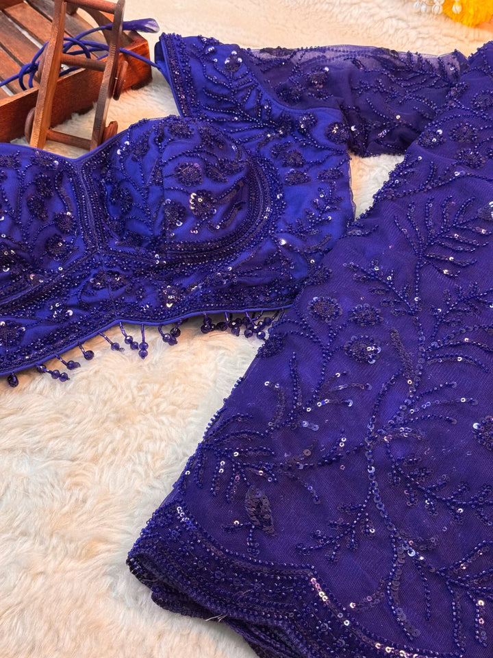 Royal Navy Blue Designer Net Saree with Heavy Sequin Work & Stitched Blouse