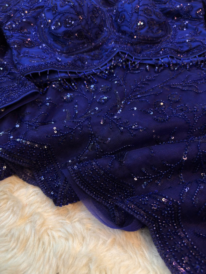 Royal Navy Blue Designer Net Saree with Heavy Sequin Work & Stitched Blouse