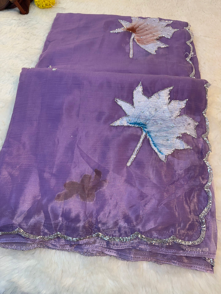 Chiffon Saree with Hand-Painted Leaf Motifs & Sequin Border