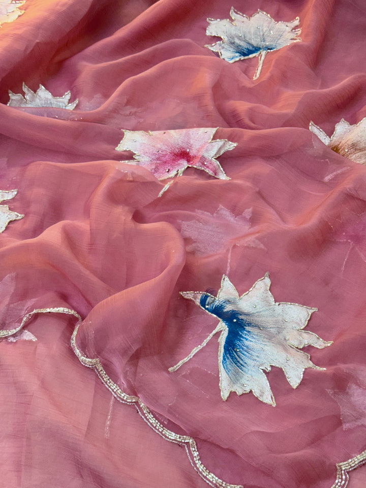 Chiffon Saree with Hand-Painted Leaf Motifs & Sequin Border