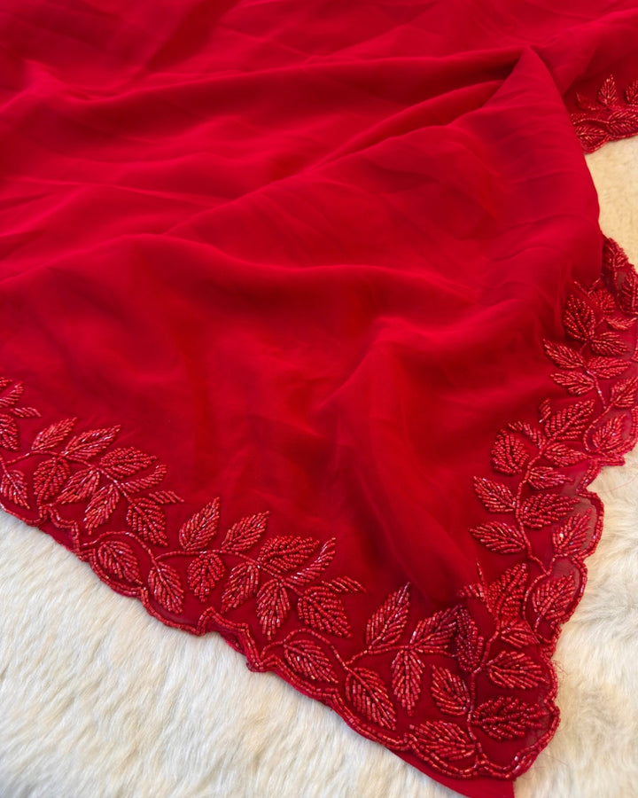 Designer Red Saree with Cutdan Hand Embroidery | Karwa Chauth Special Saree