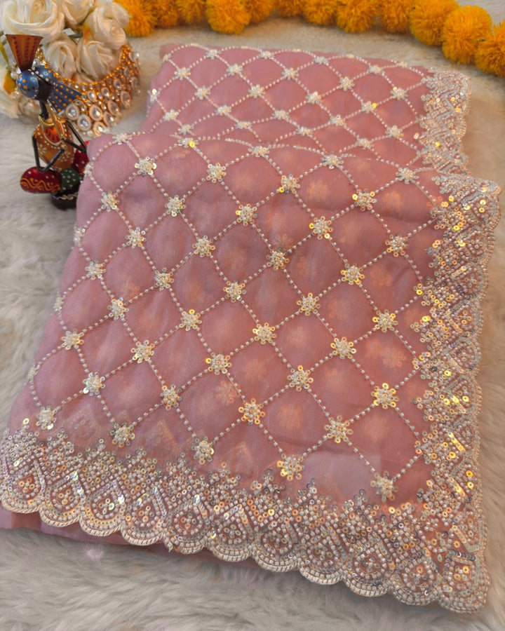 ✨ Galaxy Silk Saree with White Bead Embroidery & Scalloped Border