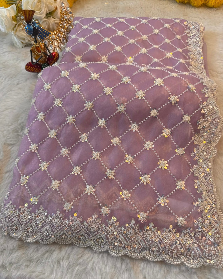 ✨ Galaxy Silk Saree with White Bead Embroidery & Scalloped Border