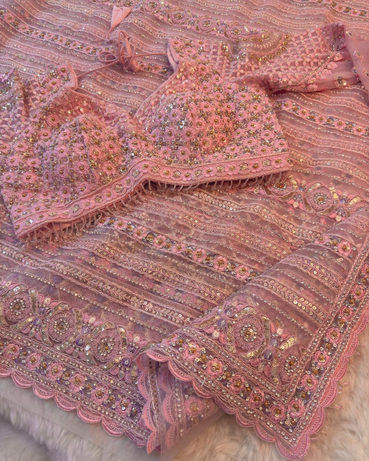 Net Saree with Heavy Sequin Floral Embroidery & Readymade Designer Blouse