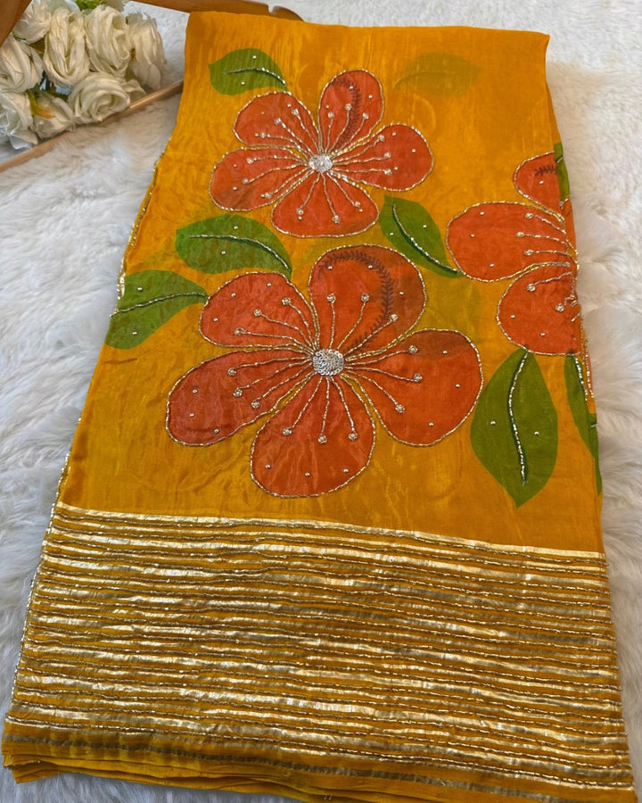 HO Silk Floral Handwork Saree with Sequin Border