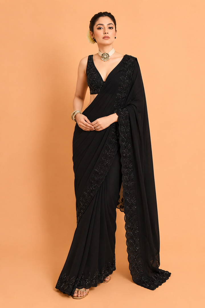 Black Cutdana Handwork Saree with Leaf Embroidery Border