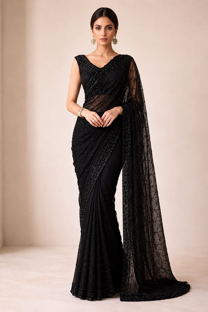 Black Saree with Full Cutdana Jaal Work