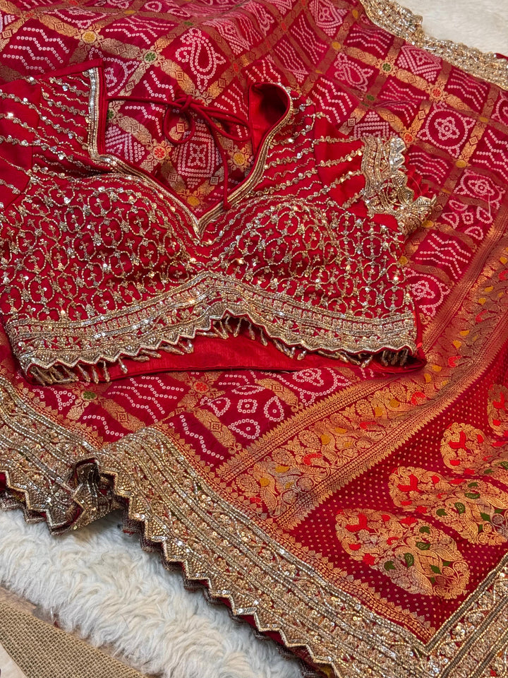 Bridal Red Bandhani Saree with Heavy Handwork Blouse & Embellished Border
