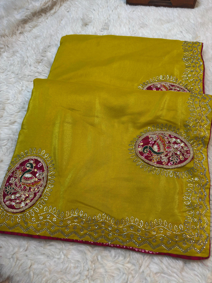 Mustard Yellow Silk Saree with Peacock Patch Work