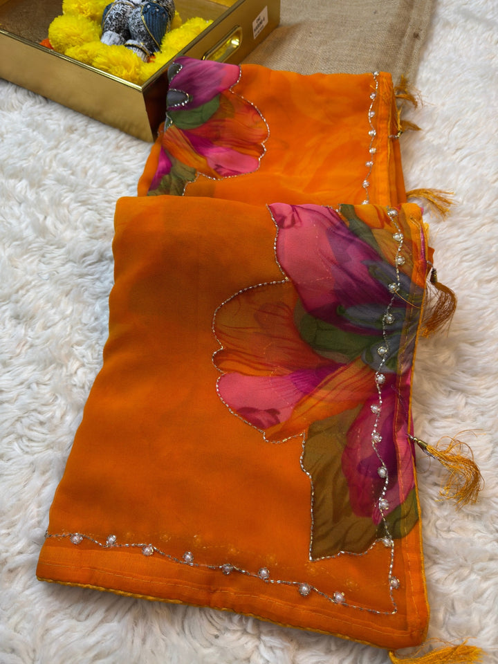 Premium Floral Print Saree with Multi-Color Bloom & Pearl Border