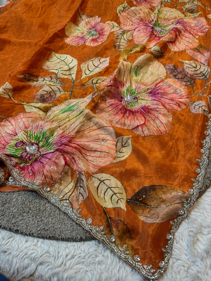 Elegant Floral Chinon Saree with Cutwork Border