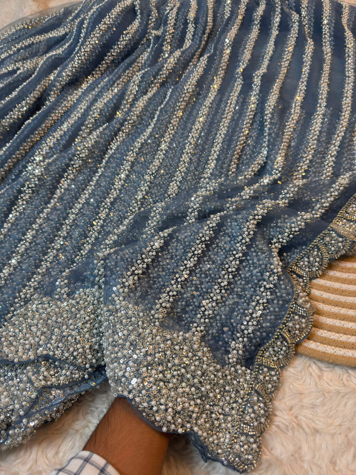 Premium Pearl & Cutdana Handwork Soft Net Saree with Heavy Scalloped Border