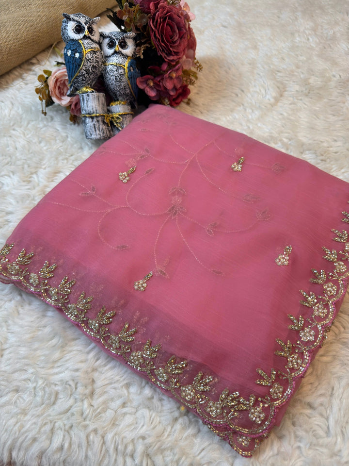 Premium Waree Chiffon Saree with Floral Handwork & Designer Border
