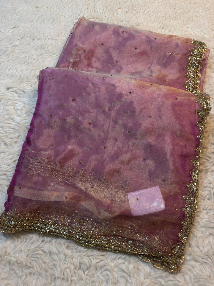Elegant Glass Tissue Saree with Scalloped Handwork Border