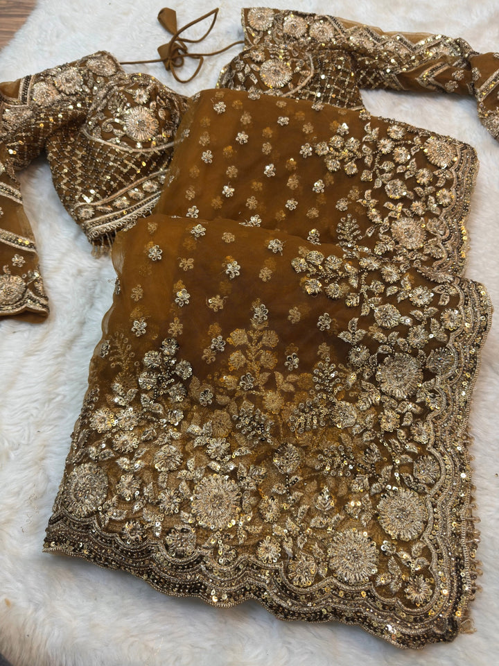 ✨ Premium Heavy Embroidered Net Saree with Stitched Designer Blouse