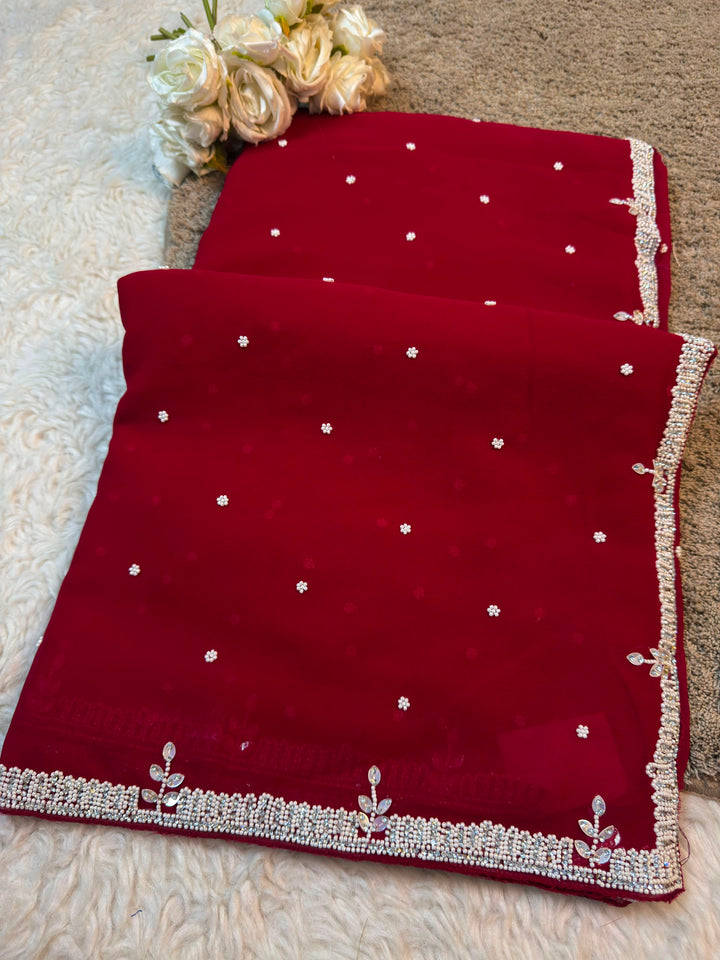 Premium Georgette Handwork Saree with Pearl & Stone Border