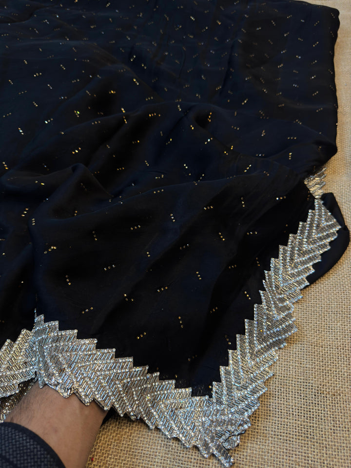 Luxury Black Satin Saree with Crystal Handwork Border & Sequin Butti