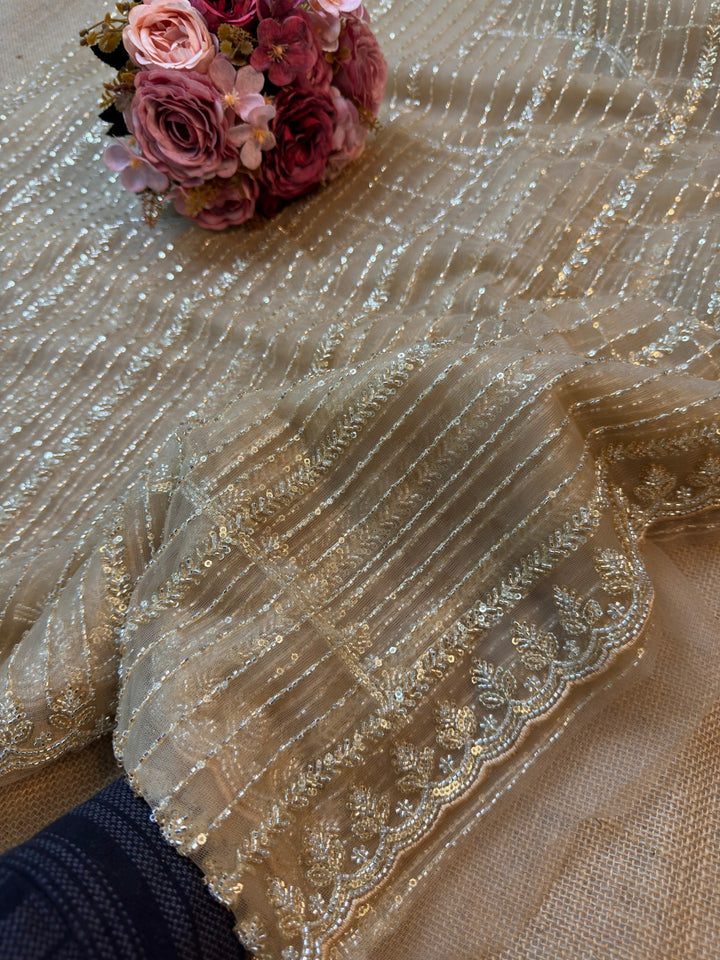 Premium Designer Net Saree with Sequin Stripes & Scalloped Embroidered Border