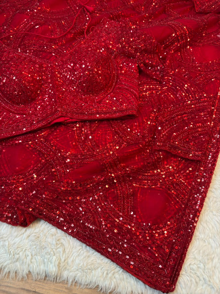 Red Heavy Sequin Embroidered Net Saree