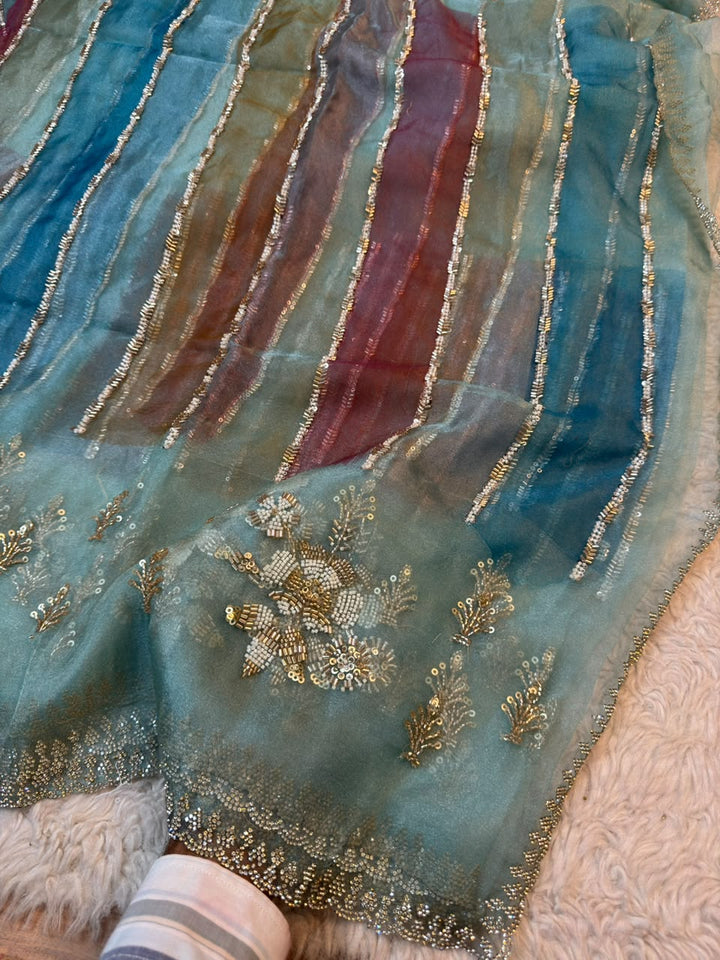 Multicolour Organza Saree with Sequin Embroidery & Beaded Border