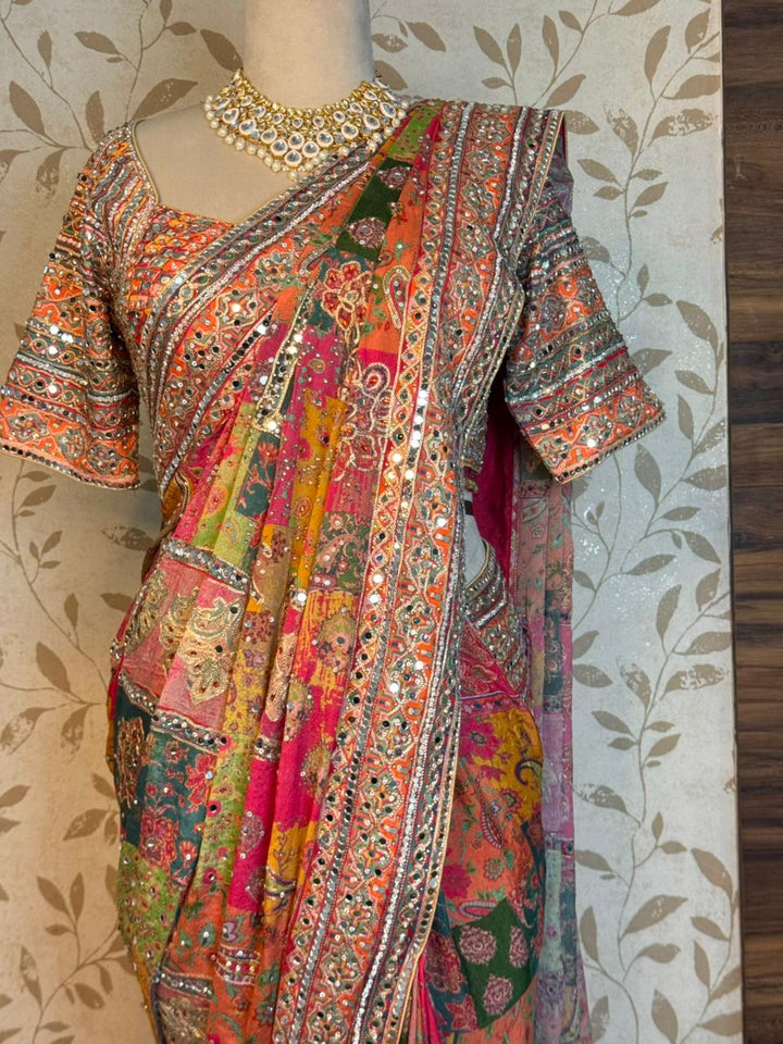 Multicolor Crepe Chinon Saree with Heavy Mirror & Hand Embroidery Work