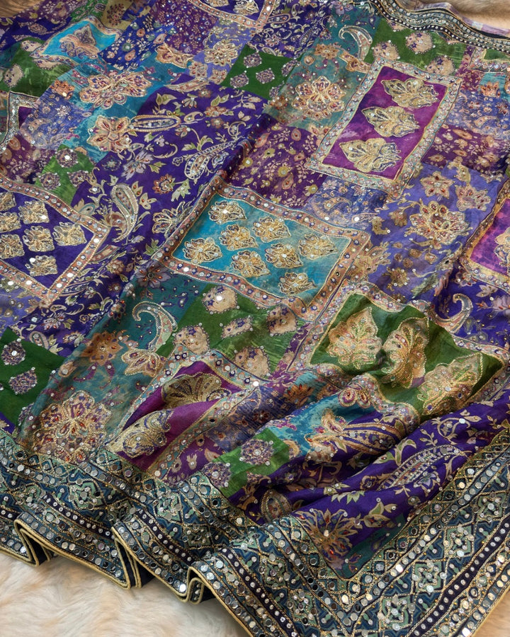 Premium Multicolor Chinon Saree with Heavy Mirror & Sequin Handwork Stitched Blouse