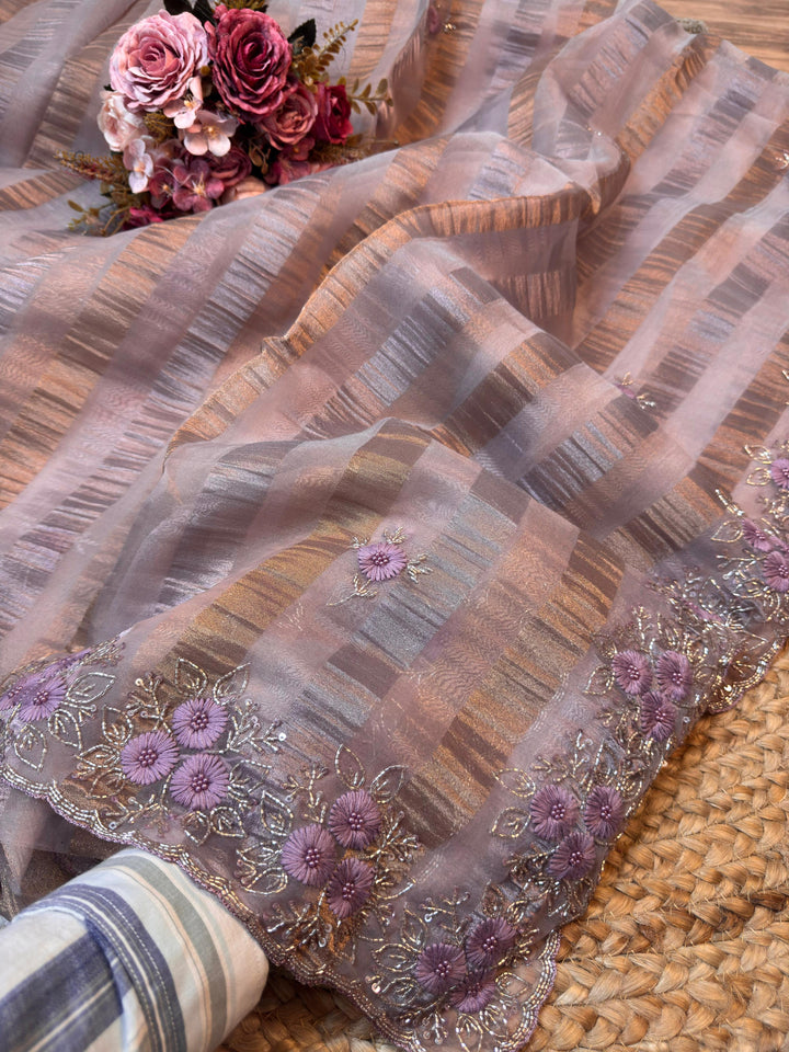 Designer Metallic Stripe Floral Embroidered Saree