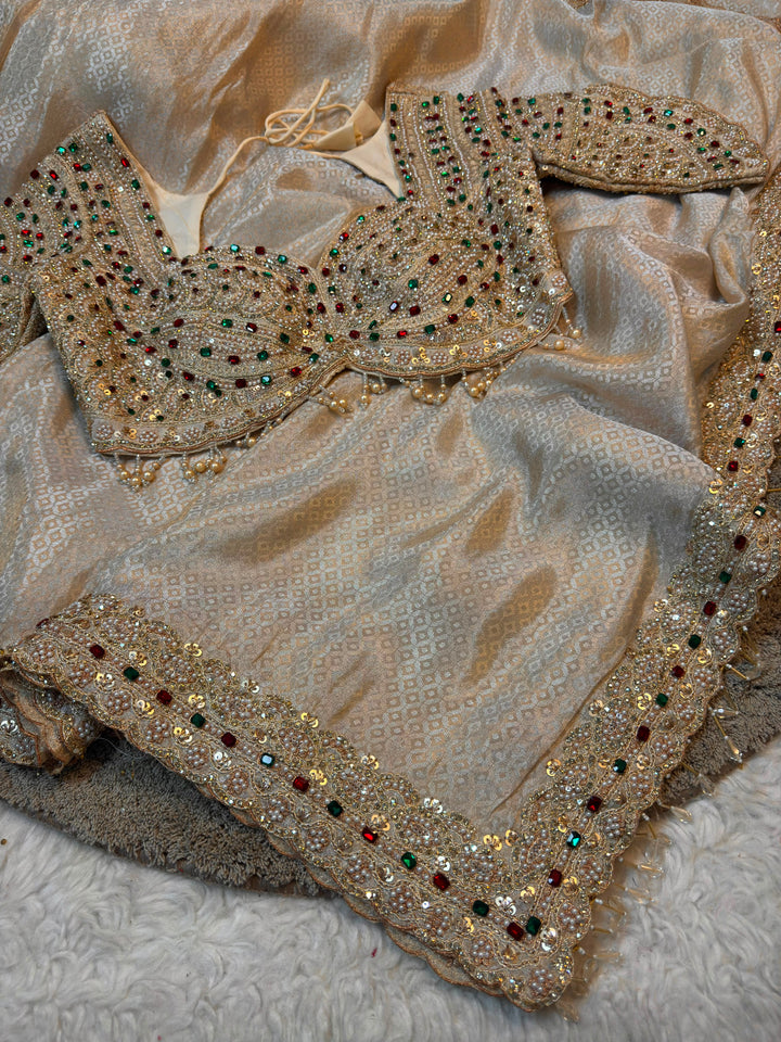 Premium Champagne Jacquard Silk Saree with Multicolour Handcrafted Pearl & Stone Work Blouse