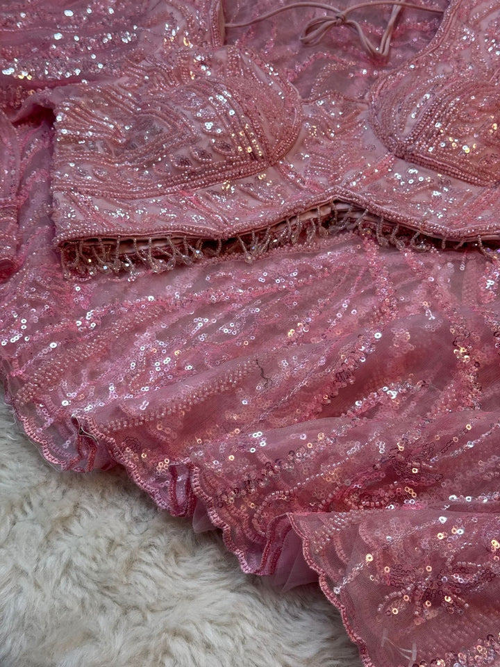 🌸 Blush Pink Sequin Embroidered Net Saree with Stitched Blouse