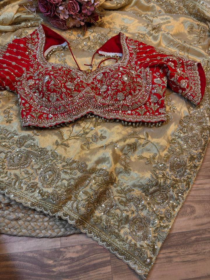 Champagne Gold Kanjivaram Silk Saree with Heavy Dabka & Zari Work