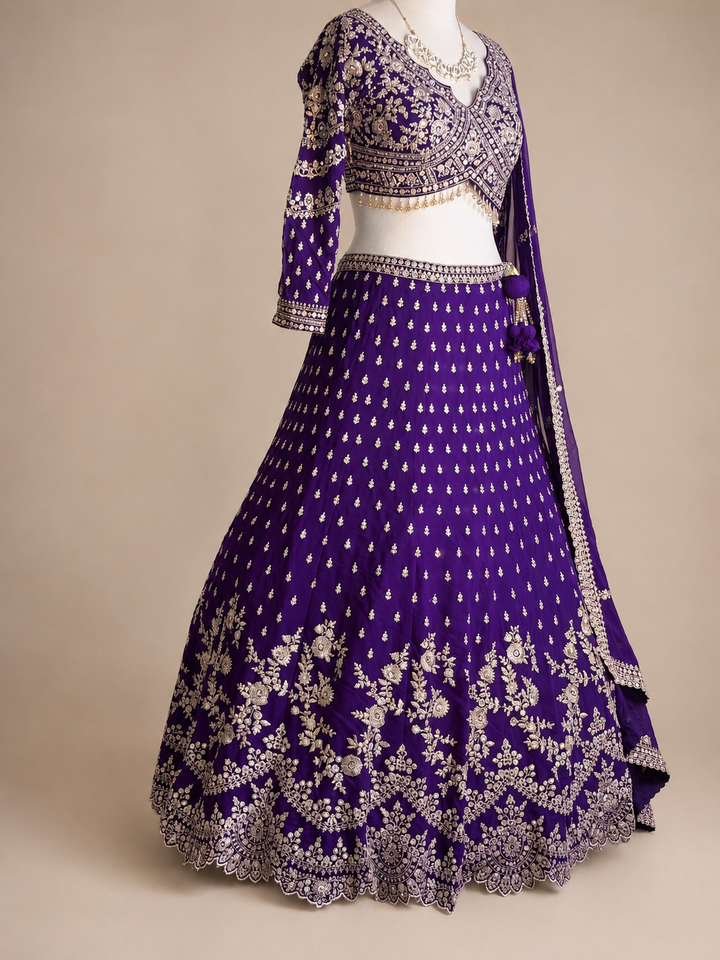 Royal Purple Georgette Heavy Embroidered Bridal Lehenga Set