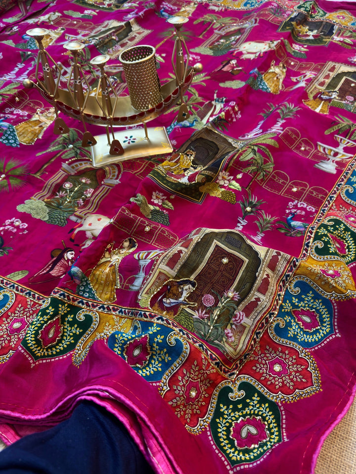 Heritage Rajasthani Print Saree with Peacock & Court Scene Design