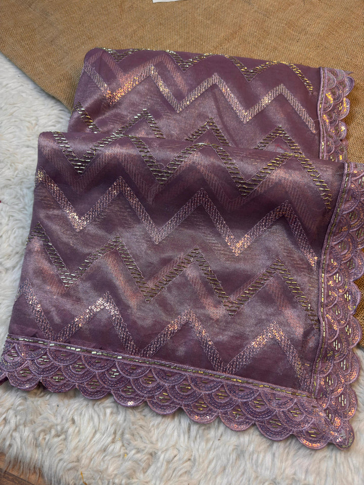 Twill Net Saree with Zig-Zag Embroidery & Designer Border