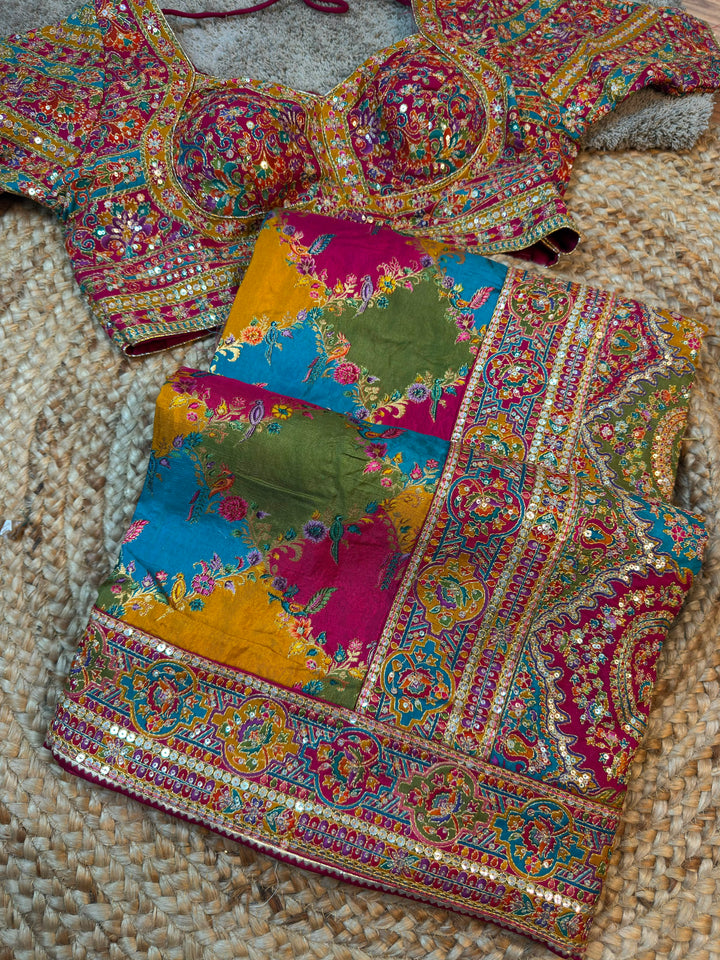 Position Print Silk Saree with Aari-Tari & Sequin Work Border ✨