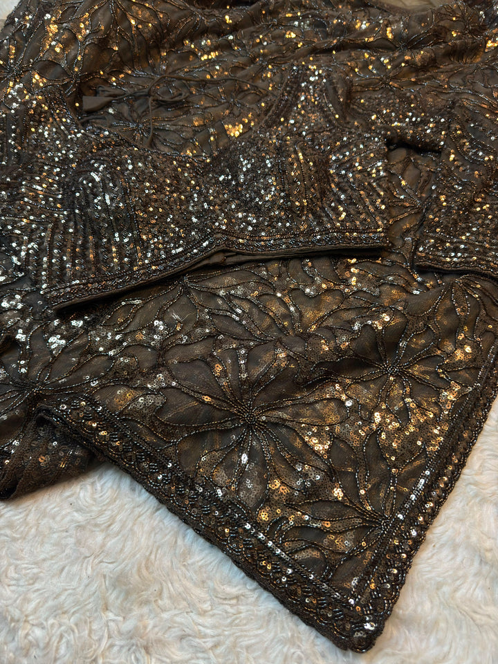 Dark Chocolate Brown Net Saree with Floral Sequin & Bead Work