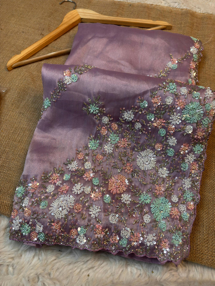 Premium Chandaniya Silk Saree with Sequin and pearl Floral Jaal