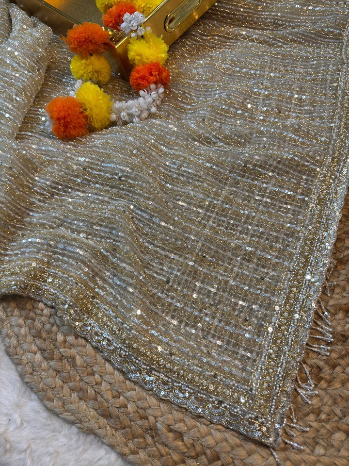 Premium Gold Sequin Net Saree with Ready-to-Wear Blouse