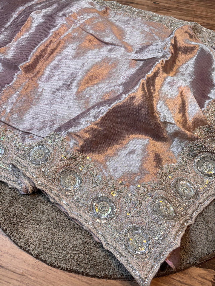 Premium Tissue Silk Saree with Heavy Sequin Handwork Border & Designer Unstitched Blouse