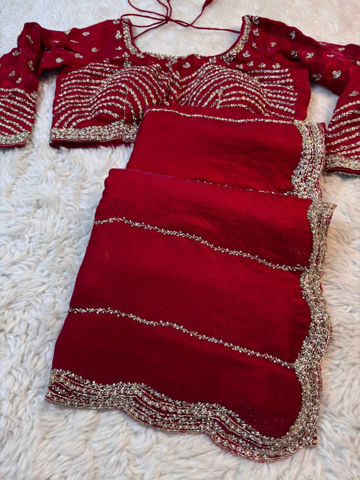 Fendy Silk Saree with Stitched Designer Blouse & Scalloped Handwork Border