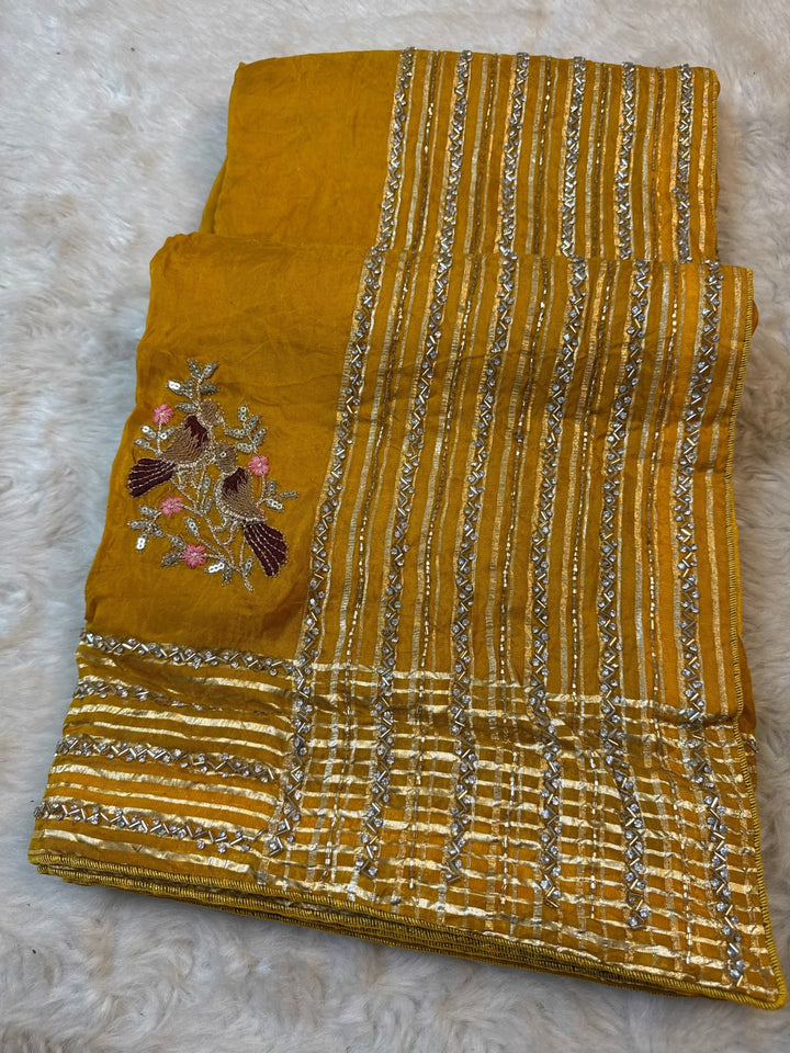 Premium HO Silk Saree with Kundan Stripe Work & Bird Motif Pallu