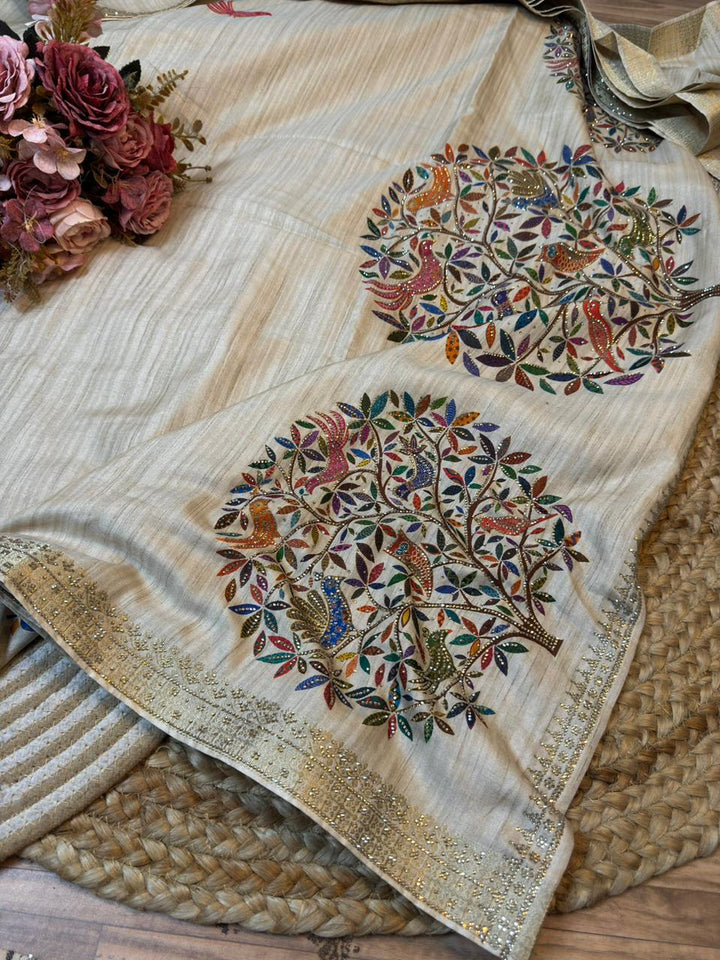 Champagne Bird Motif Embroidered Saree