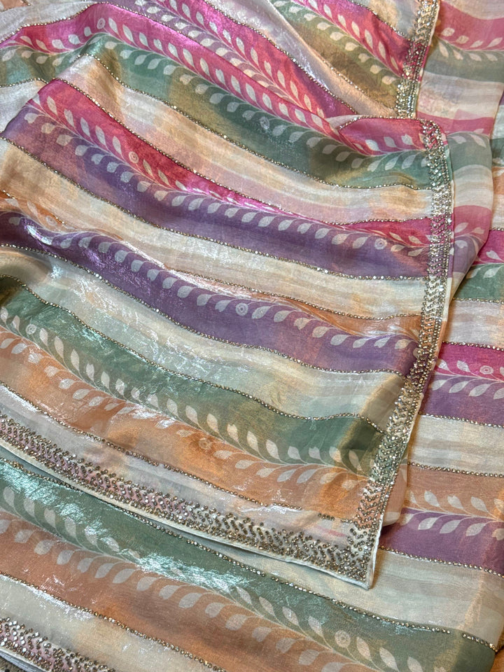 Pastel Stripe Satin Silk Saree with Crystal Border Work