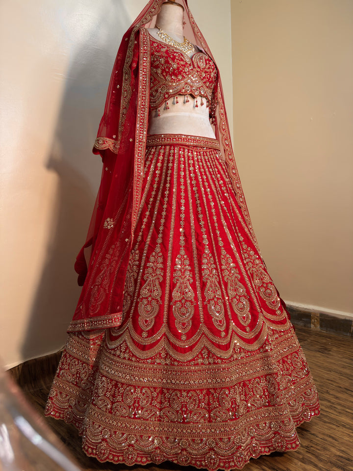Royal Red Bridal Lehenga with Heavy Zardosi, Stone & Sequins Embroidery Set