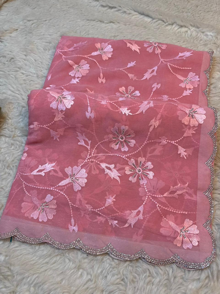 Pastel Shimmer Chiffon Saree with Embroidery & Cutwork