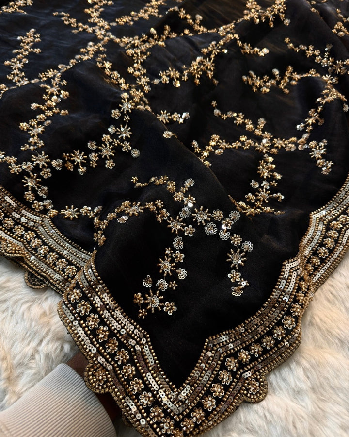 Galaxy Sheen Sequin-Floral Saree with Heavy Border | Unstitched Blouse