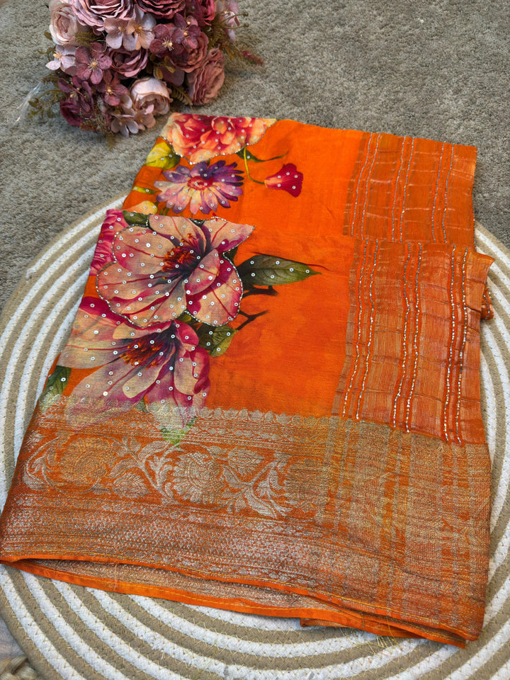 Premium Chinon Floral Print Saree with Zari Woven Border & Sequin Work