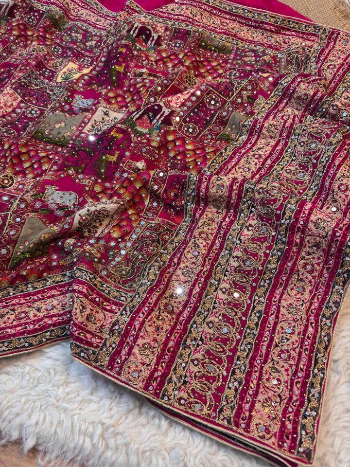 Premium Crepe Chinon Saree with Traditional Aari & Mirror Work