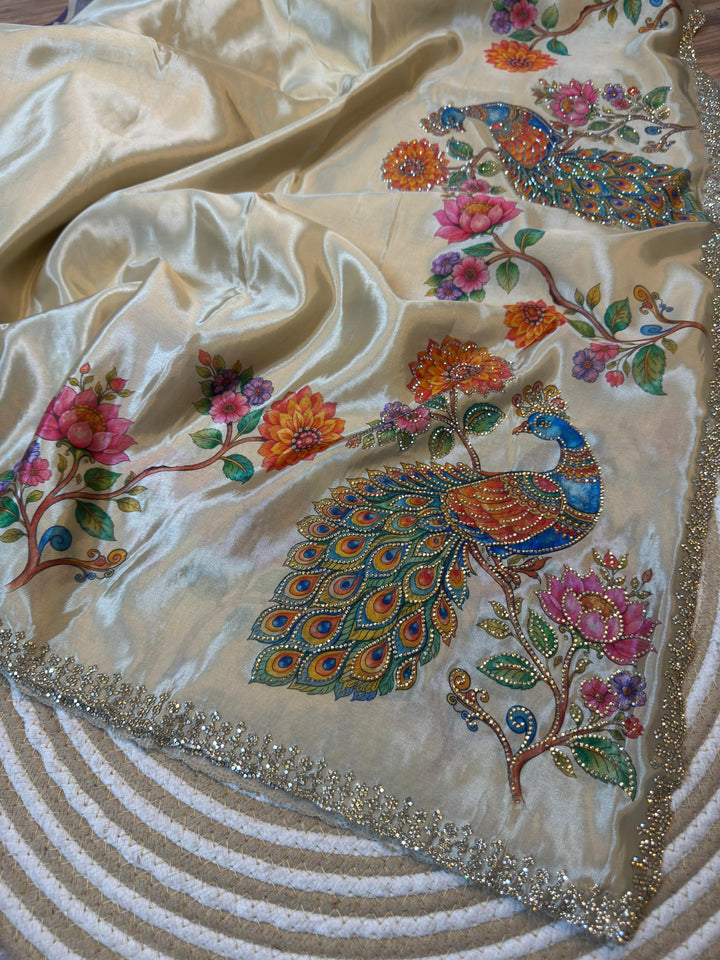 Premium Silk Saree with Peacock Digital Print & Hand Stone Work